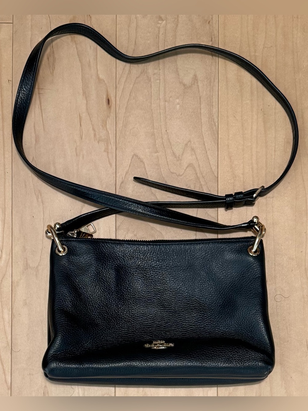 Coach Mia Pebbled Leather Double Zipper Crossbody Bag Handbag Purse Black Gold